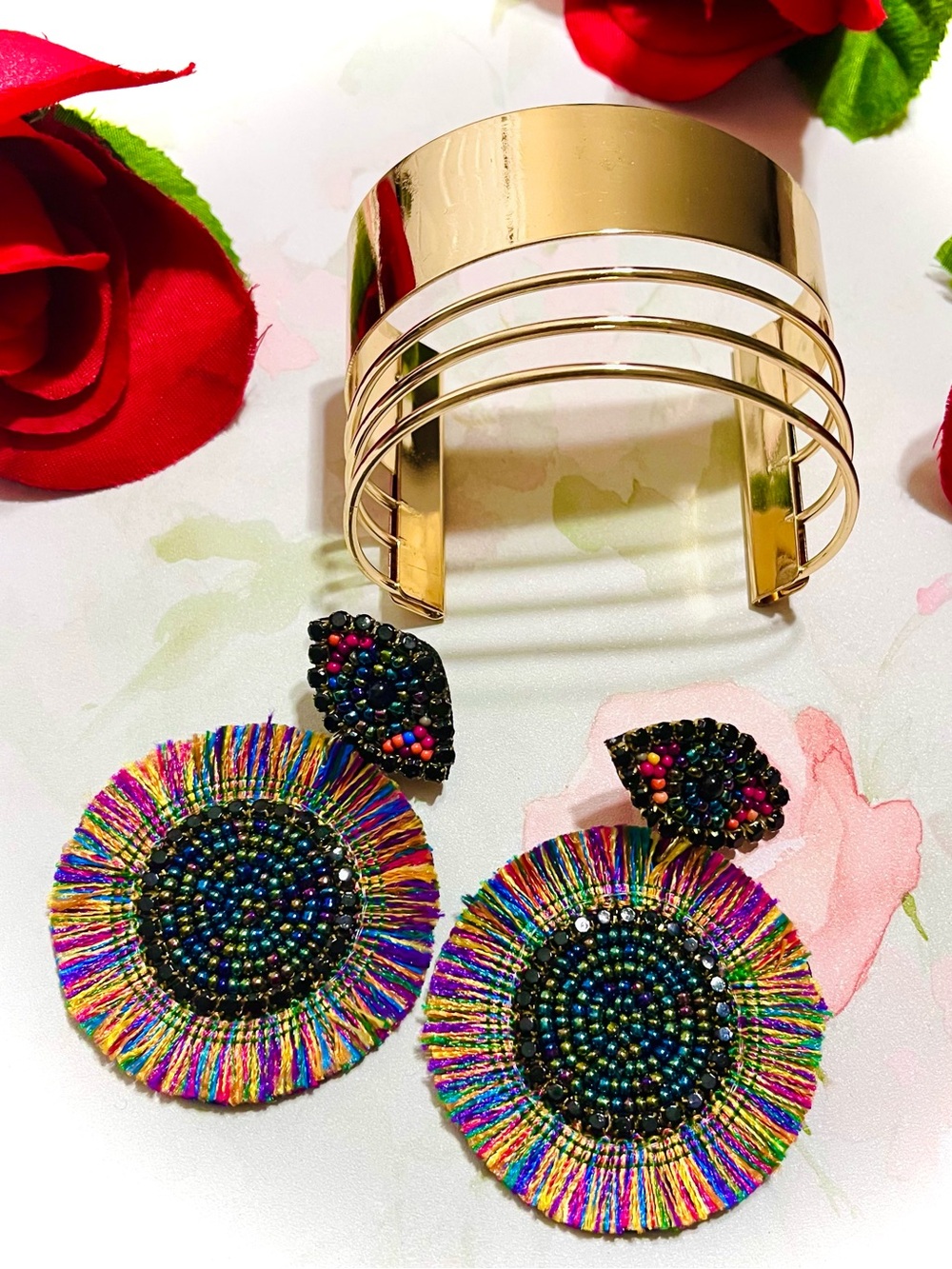 Bohemian Style Gold Tone Cuff Bracelet and Multicolor Eye Fringe Earrings Set